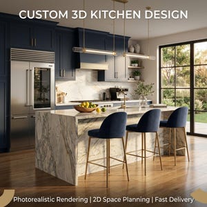Custom 3D Kitchen Design Rendering Service | Realistic Interior Design | 2D Floor Plan & Space Planning | Virtual Home Remodel