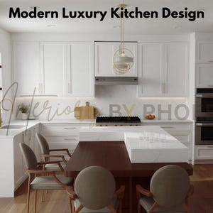 Puede incluir: Un diseño de cocina de lujo moderno con gabinetes blancos, una isla de madera oscura con asientos y un refrigerador de acero inoxidable. La cocina tiene una estética minimalista con detalles dorados y una lámpara colgante.