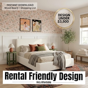 May include: A bedroom scene featuring a bed with a white headboard, pillows, and a gray blanket. Two framed artworks hang above the bed. The room includes two green side tables with lamps, a small tree, and a floral wallpaper. Text reads "Rental Friendly Design" and "Design Under $3,500."