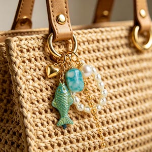 Könnte beinhalten: Nahaufnahme einer gewebten Strohhandtasche mit einem beigefarbenen Ledergriff und goldfarbener Hardware. Eine Sammlung von Anhängern hängt am Griff, darunter ein goldenes Herz, ein türkisfarbener Fisch, ein blauer Stein und eine Perlenkette.