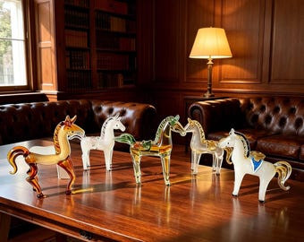 Figura de caballo de vidrio soplado a mano, arte animal de vidrio coleccionable, pequeña decoración de escritorio, regalo único para los amantes de los caballos. Decoración única para el hogar.