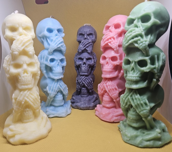 Speak, See, Hear no evil skull pillar candle