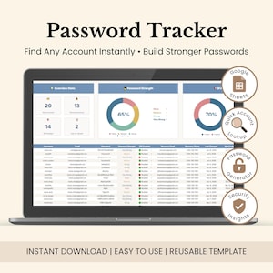 May include: A digital password tracker template displayed on a laptop screen, featuring data tables, donut charts, and four circular icons labeled Google Sheets, Quick Account Lookup, Password Generator, and Security Insights for account management.