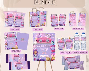 Recuerdos para fiesta de cumpleaños de Gabby, etiquetas imprimibles para casa de muñecas, etiqueta para jugo Caprisun de agua con bolsa de papas fritas de Gabby