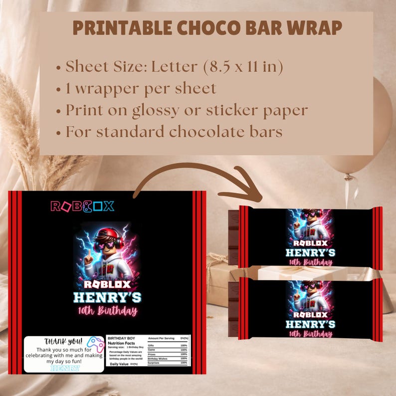 Puede incluir: Envoltorio imprimible para barra de chocolate con tem&aacute;tica de Roblox para un d&eacute;cimo cumplea&ntilde;os. El dise&ntilde;o incluye un personaje de Roblox con efectos de rel&aacute;mpagos, el nombre "Henry" y el texto "10th Birthday". El tama&ntilde;o de la hoja es de 21,6 x 27,9 cm.
