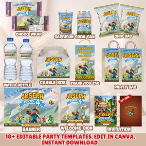 May include: A collection of party supplies featuring a Minecraft theme, including water bottles, chip bags, a gable box, and a banner. The designs incorporate the name "Joseph" and the number "4" with a pixelated graphic.