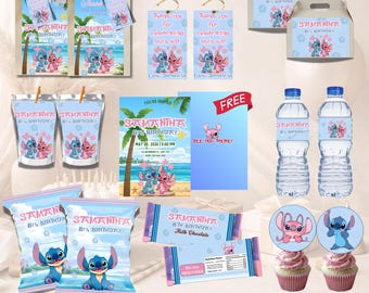 Recuerdos de fiesta de cumpleaños de Stitch y Angel, invitación de cumpleaños de Stitch, paquete de fiesta de Stitch, lote de cumpleaños de Stitch, cumpleaños con temática de Stitch, bolsa de papas fritas