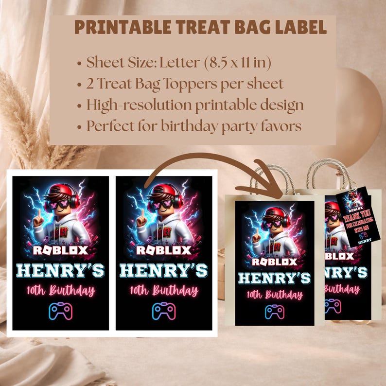 Puede incluir: Etiquetas imprimibles para bolsas de golosinas con un personaje de Roblox y el texto "HENRY'S 10th Birthday". El dise&ntilde;o incluye un icono de mando y es adecuado para regalos de fiesta de cumplea&ntilde;os. El tama&ntilde;o de la hoja es de 21,6 x 27,9 cm.