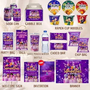 Könnte beinhalten: Eine Sammlung von Partyartikeln mit lila Thema, darunter Limonadendosen, eine Gable-Box, Ramen-Nudeln, Partytüten, Etiketten, Saftbeutel, Wasserflaschen, Schokoriegel, Chipstüten, Willkommensschilder, Einladungen und ein Banner. Alle Artikel tragen den Text "Samantha's 7th Birthday."