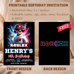 Puede incluir: Invitaci&oacute;n de cumplea&ntilde;os imprimible con tem&aacute;tica de Roblox. El dise&ntilde;o frontal muestra un personaje de Roblox y el texto "HENRY'S 10th Birthday". El dise&ntilde;o posterior tiene el logotipo de Roblox. Tama&ntilde;o de la invitaci&oacute;n: 12,7 x 17,8 cm.