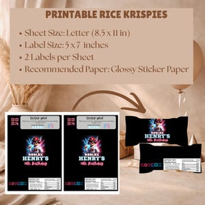 Puede incluir: Etiquetas imprimibles para Rice Krispies con tem&aacute;tica de Roblox. Las etiquetas son negras con el texto "HENRY'S 10th Birthday" y un gr&aacute;fico de personaje de Roblox. El tama&ntilde;o de la hoja es de 21,6 x 27,9 cm, y el tama&ntilde;o de la etiqueta es de 12,7 x 17,8 cm.