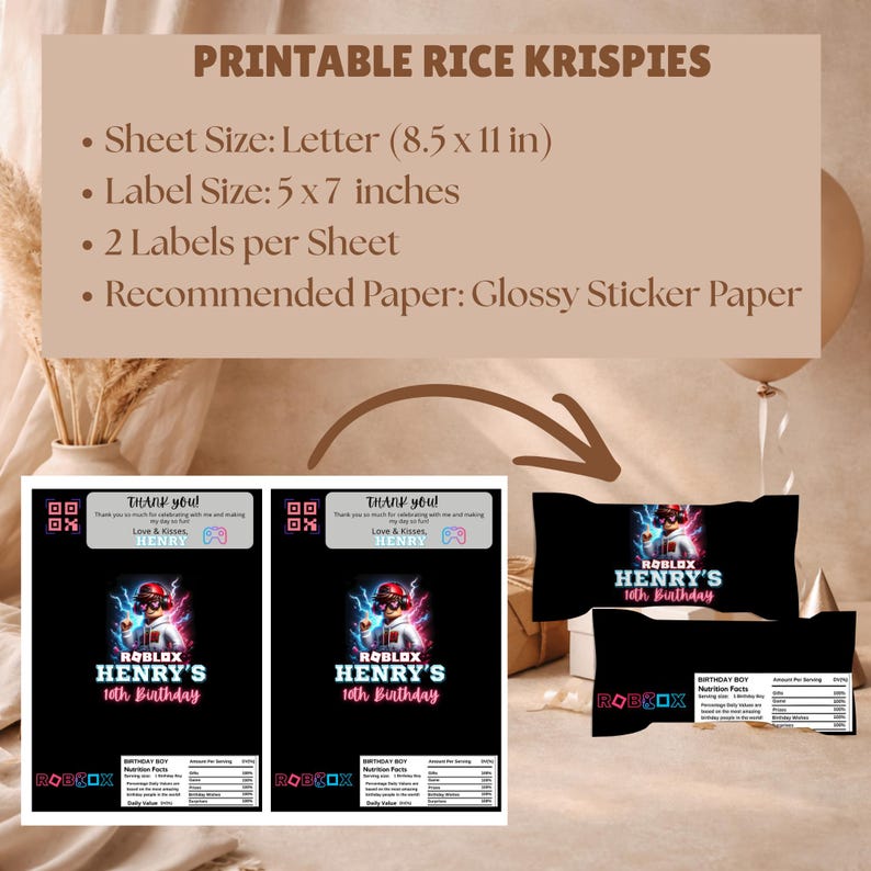Puede incluir: Etiquetas imprimibles para Rice Krispies con tem&aacute;tica de Roblox. Las etiquetas son negras con el texto "HENRY'S 10th Birthday" y un gr&aacute;fico de personaje de Roblox. El tama&ntilde;o de la hoja es de 21,6 x 27,9 cm, y el tama&ntilde;o de la etiqueta es de 12,7 x 17,8 cm.