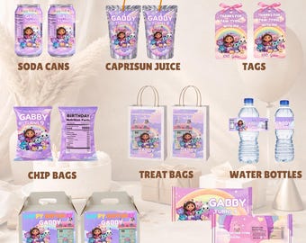 Paquete de fiesta de cumpleaños de la casa de muñecas Gabby, recuerdo de fiesta de la casa de muñecas Gabby, bolsa de papas fritas, botella de agua Capri Sun, envoltorio de barra de chocolate, etiquetas para bolsas de regalo, caja Gabble