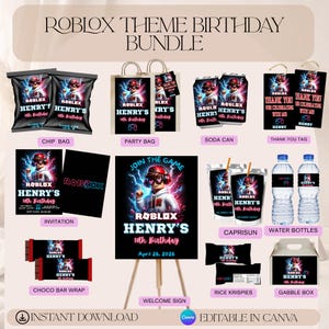 Puede incluir: Un paquete de fiesta de cumplea&ntilde;os con tem&aacute;tica de Roblox que presenta varios art&iacute;culos como bolsas de patatas fritas, bolsas de fiesta, latas de refrescos, etiquetas de agradecimiento, invitaciones, un letrero de bienvenida, bolsas de Capri Sun, botellas de agua, envoltorios de barras de chocolate, Rice Krispies y una caja gable. El dise&ntilde;o incluye el texto "Roblox Henry's 10th Birthday".