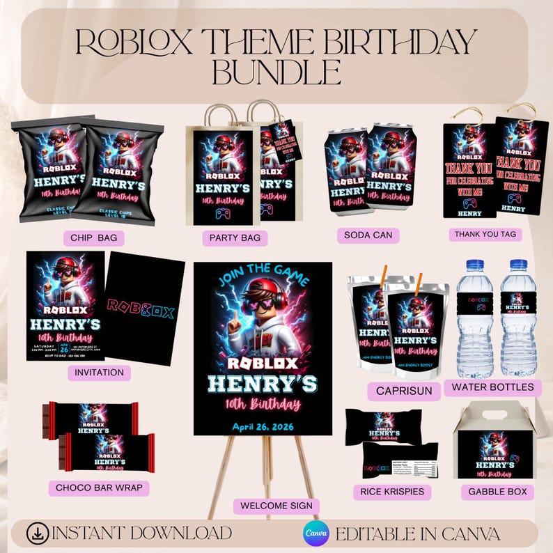 Puede incluir: Un paquete de fiesta de cumplea&ntilde;os con tem&aacute;tica de Roblox que presenta varios art&iacute;culos como bolsas de patatas fritas, bolsas de fiesta, latas de refrescos, etiquetas de agradecimiento, invitaciones, un letrero de bienvenida, bolsas de Capri Sun, botellas de agua, envoltorios de barras de chocolate, Rice Krispies y una caja gable. El dise&ntilde;o incluye el texto "Roblox Henry's 10th Birthday".