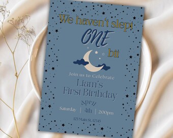 First Birthday Invitation – Moon and Stars Sleepy Theme Template (Digital Download)