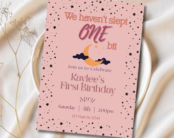 First Birthday Invitation – Moon and Stars Sleepy Theme Template (Digital Download)