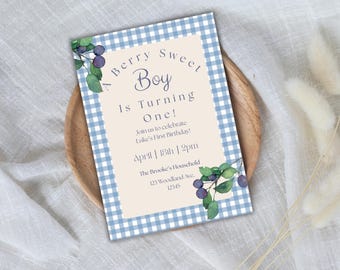 Berry Sweet Boy 1st Birthday Invitation Template, Editable Blue Gingham Invite (Digital Download)