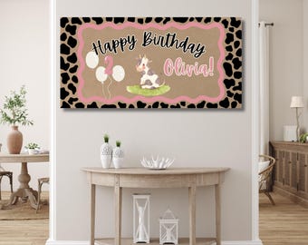 Pink Cow Print Birthday Banner, Girls Farm-Themed Party Decor, Personalized Backdrop Template (Digital Download)