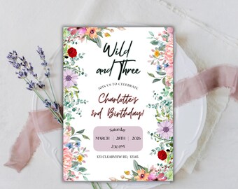 Wildflower Birthday Invitation, Wild and Three Editable Invite Template (Digital Download)