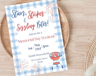 USA Cookout Invitation, Editable Gingham Template (Digital Download)