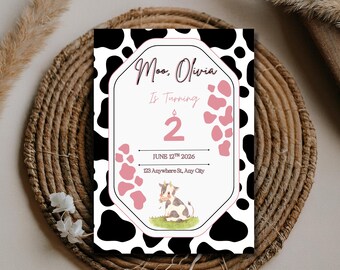 Girls Pink Cow-Themed Birthday Invitation, Editable Farm Birthday Template (Digital Download)