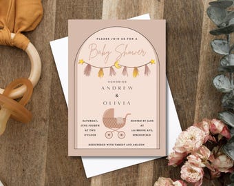 Boho Baby Shower Invitation Template, Neutral Color Editable Invite, (Digital Download)