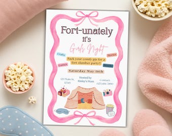 Girls Slumber Party Invitation, Fort/Pajama Party, Editable Template (Digital Download)