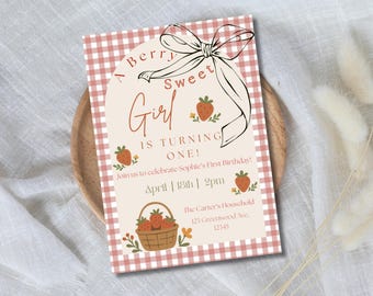 Berry Sweet Girl 1st Birthday Invitation Template, Editable Red/Pink Gingham Invite (Digital Download)