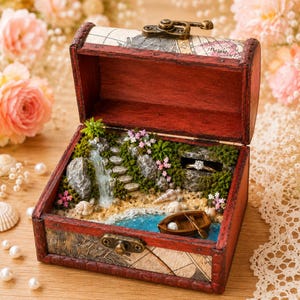 May include: A wooden treasure chest ring box featuring a miniature landscape interior with a waterfall, mossy rocks, tiny pink flowers, a sandy beach, a small brown boat, and a silver ring with a clear stone set into a rock crevice.