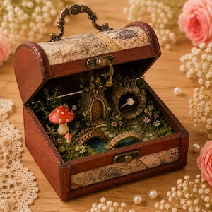 May include: A wooden treasure chest box with a vintage map print lid, containing a miniature fairy garden scene. The interior features a small tree house, a stone bridge over a blue stream, red mushrooms, and a ring resting inside a hollow log.
