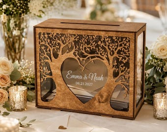 Boîte à cartes de mariage personnalisée, support en acrylique en forme d'arbre en bois