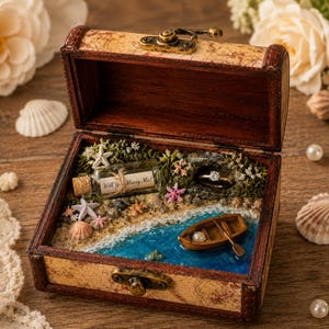 May include: A wooden treasure chest box containing a miniature beach scene with a glass bottle featuring the text Will You Marry Me?, a small wooden rowboat, a silver ring with a clear stone, starfish, seashells, and green moss accents.