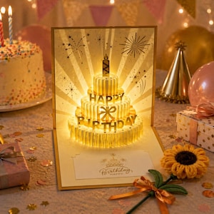 以下が含まれることがあります： 3段ケーキの形をした、金色のポップアップ誕生日カード。文字は「Happy Birthday」。カードは照らされており、上にはろうそくが灯っています。かぎ針編みのヒマワリとギフトボックスも表示されています。