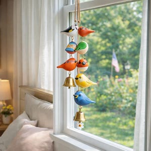 May include: A hanging bird mobile with seven colorful, painted wooden birds. The birds are in various colors, including orange, yellow, blue, and white, and are suspended from a brown cord. Each bird has a small brass bell attached.