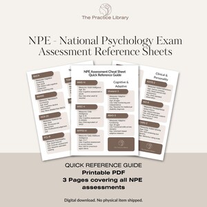 May include: A digital download of NPE assessment reference sheets. The sheets include information on cognitive, adaptive, and personality assessments. The guide is a printable PDF with 3 pages covering all NPE assessments.