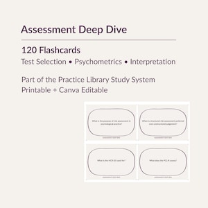 May include: A light beige graphic with the text "Assessment Deep Dive" and "120 Flashcards." Below are four flashcards with questions about psychological assessment. The text also includes "Test Selection, Psychometrics, Interpretation, Printable + Canva Editable."