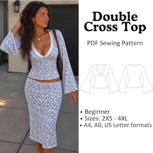 May include: A PDF sewing pattern for a Double Cross Top featuring a blue and white floral print. The pattern includes a technical line drawing of the top with long flared sleeves and a V-neckline, available in sizes 2XS to 4XL in A4, A0, and US Letter formats.