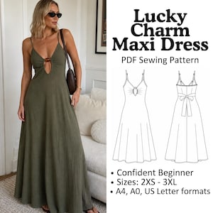 May include: A floor-length olive green maxi dress with thin spaghetti straps, a deep V-neckline, and a circular cutout detail at the chest. The image includes a technical line drawing of the dress, labeled Lucky Charm Maxi Dress PDF Sewing Pattern.