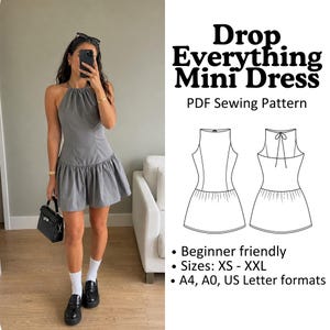 Drop Everything miniklänning PDF-sömnadsmönster - Miniklänning med halterneck, prinsessömmar och samlad kjol - Damstorlekar XS-XXL
