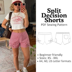 May include: Red and white gingham shorts with bow details. The shorts are part of a PDF sewing pattern called "Split Decision Shorts". The pattern is beginner-friendly and available in sizes XS-XXL, and A4, A0, and US Letter formats.