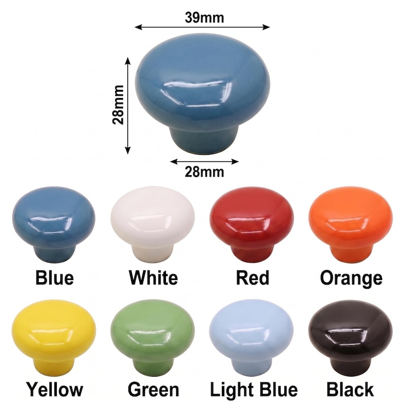 Peut inclure: Une collection de neuf boutons de placard ronds et lisses de diff&eacute;rentes couleurs : bleu, blanc, rouge, orange, jaune, vert, bleu clair et noir. Le bouton du haut pr&eacute;sente des &eacute;tiquettes de dimensions indiquant 39mm de largeur, 28mm de hauteur.