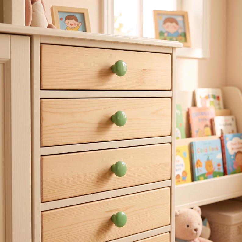 Peut inclure: Une commode en bois clair dot&eacute;e de quatre tiroirs horizontaux, chacun &eacute;quip&eacute; d'un bouton rond en c&eacute;ramique vert sauge brillant. Les fa&ccedil;ades des tiroirs pr&eacute;sentent un motif de grain de bois naturel, contrastant avec la quincaillerie verte unie.