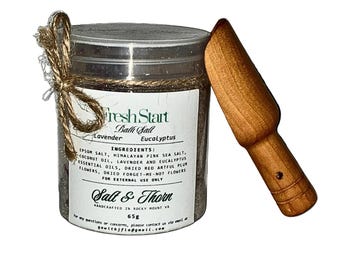 Tarro de sales de baño Fresh Start • Sales de baño relajantes de lavanda y eucalipto con cuchara de madera