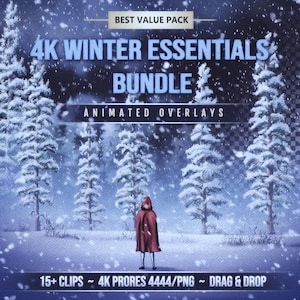 May include: A digital art image featuring a snowy winter scene with text that reads "4K WINTER ESSENTIALS BUNDLE". The image includes snow-covered trees, falling snow, and a person in a red cloak. The text also mentions "Animated Overlays".