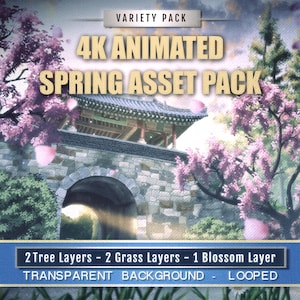 May include: A digital asset pack featuring a stone gatehouse surrounded by pink cherry blossom trees. Text reads: VARIETY PACK, 4K ANIMATED SPRING ASSET PACK, 2 Tree Layers - 2 Grass Layers - 1 Blossom Layer, TRANSPARENT BACKGROUND - LOOPED.