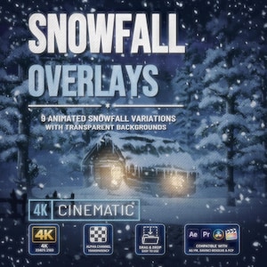 Peut inclure: Un pack d'actifs numériques intitulé SNOWFALL OVERLAYS comprenant 9 variations de chutes de neige animées avec des arrière-plans transparents. L'image montre un chalet enneigé, la mention 4K et des icônes de compatibilité logicielle.