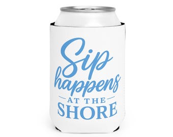 Funda para latas "Sip Happens at the Shore", enfriador de bebidas para el día de playa, funda divertida con temática costera, imprescindible para un viaje de verano al lago, bonito detalle para fiestas.