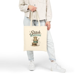Stitch Happens Tote Bag, Funny Sewing Tote, Quilter Gift Bag, Crochet Project Bag, Embroidery Lover Gift, Knitting Tote, Craft Room Tote image 3