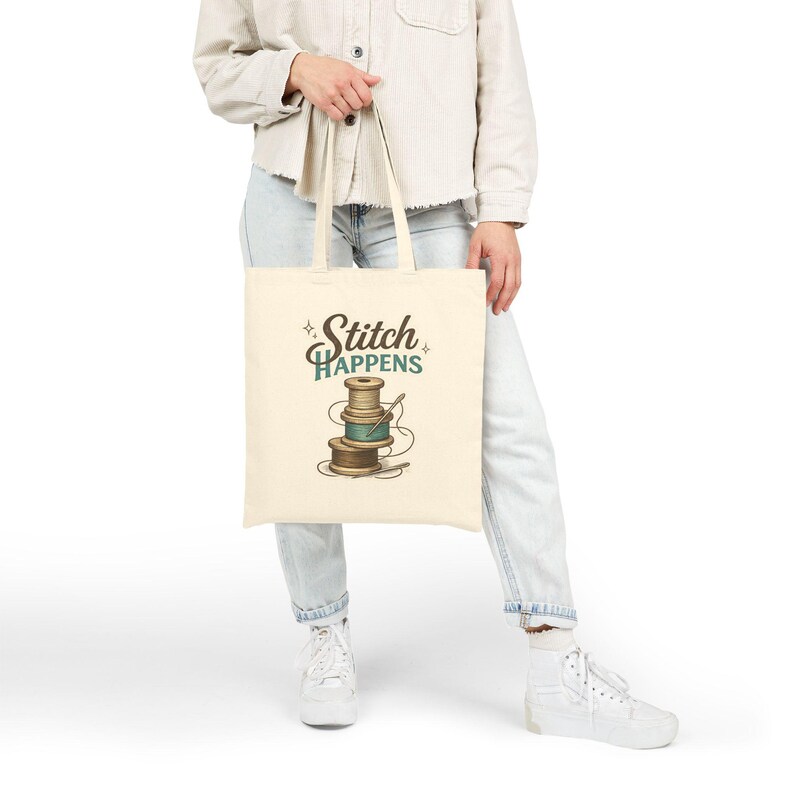 Stitch Happens Tote Bag, Funny Sewing Tote, Quilter Gift Bag, Crochet Project Bag, Embroidery Lover Gift, Knitting Tote, Craft Room Tote image 3